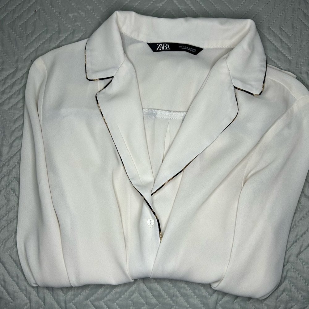 ZARA silky Ivory blouse w/ animal-print piping trim size S - Picture 12 of 14